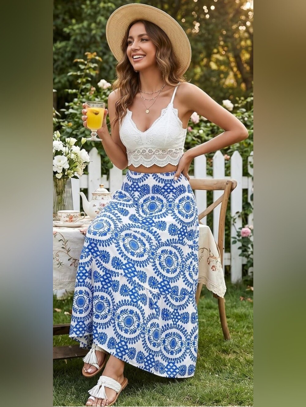 NWT Boho Blue & White Print Maxi Skirt | Size Large | Coastal Mediterranean - Picture 2 of 2